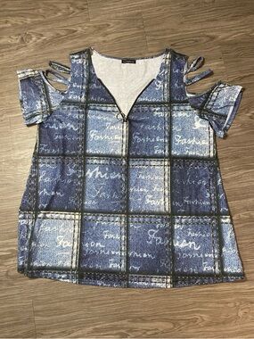 JustFashionNow Denim Print Cold Shoulder Zip Front Top 3XL Trendy Stretch Blouse